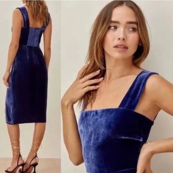 REFORMATION Navy Sleeveless Midi Dress Velvet Square Neck High Slit Danube NWT - Picture 13 of 14